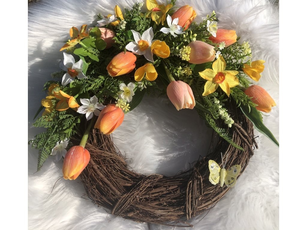 Jarní věnec na dveře s oranžovými tulipány 37 cm